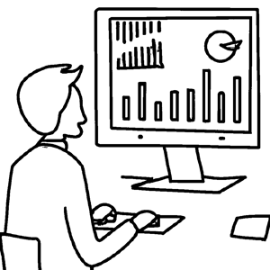 DALL·E 2022-12-01 11.16.54 - simple vector line drawing of a person working at a computer that has line charts on it Black